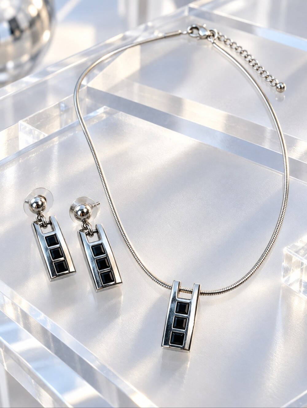 Y2K Silver Tone Black Geometric Ladder Necklace Earrings Set Demi Parure